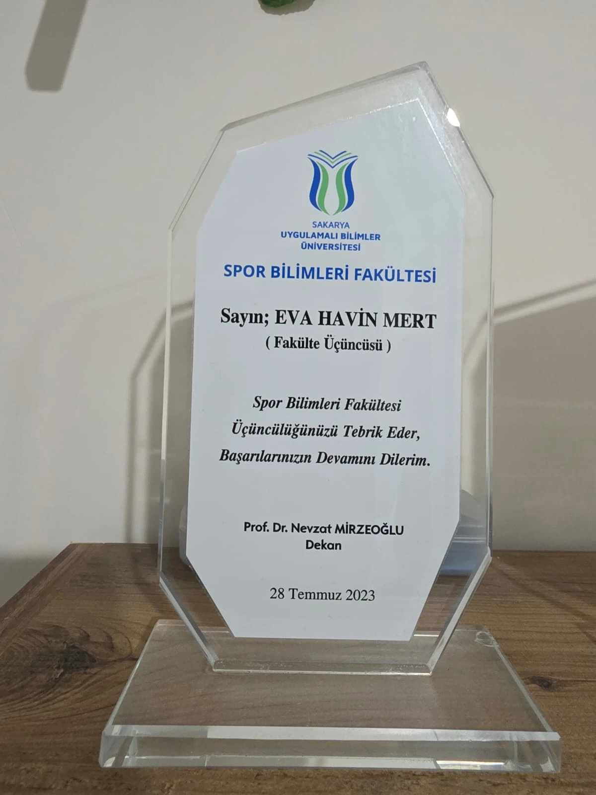 Sakarya Uygulamalı Bilimler Üniversitesi Spor Bilimleri Fakültesi Üçüncülüğü plaketi