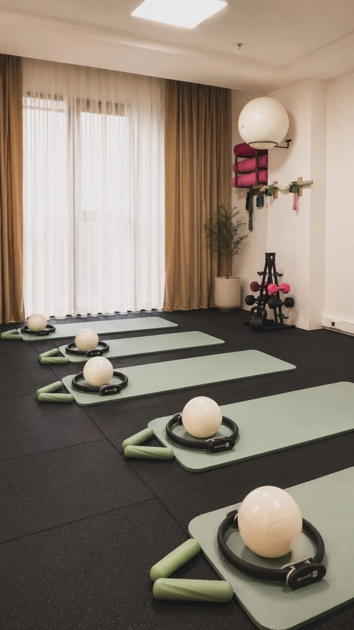 Mat pilates alanı: yeşil matlar, pilates topları ve çemberler
